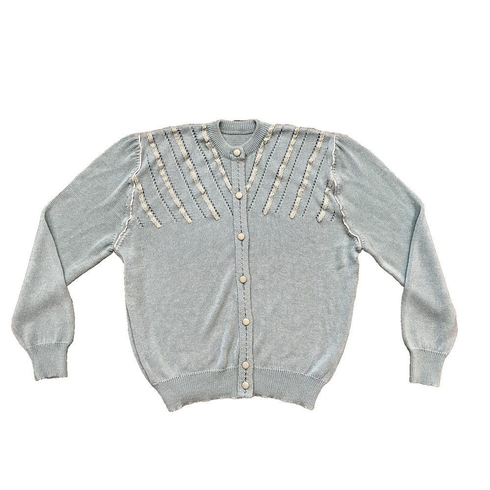 60's Vtg Lt Blue Women's Button Front Cardigan Sweater Lace Detail Sz S